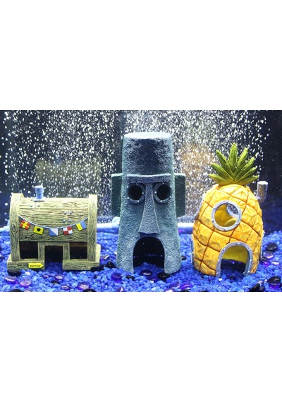 Spongebob Kare Pantolonlar Resmi Lisanslı 3 Parça Akvaryum Süsleme Paketi - Spongebob'un Ananas Evi, Squidward'ın Paskalya Adası Evi Ve Krusty Krab