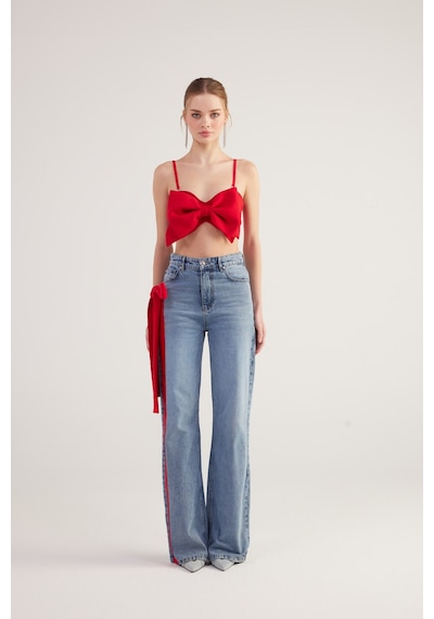 Holly Lolly Yüksek Bel Kurdele Detaylı Wide Leg Kyla Jean Pantolon Mavi