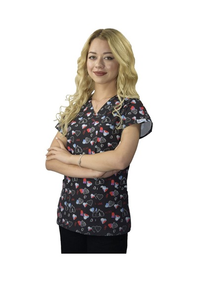 Siyah Love Desenli Likralı Doktor Hemşire Hastane Tek Üst Üniform