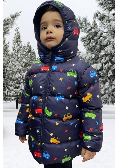 Erkek Çocuk Polarlı Kapüşonlu Gezegen Yıldız Desenli Kışlık Şişme Mont & Kaban & Parka Lacivert