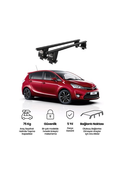 Royal Toyota Verso 2009-2018 Uyumlu Siyah Kilitli Ara Atkı Port Bagaj Tavan Barı