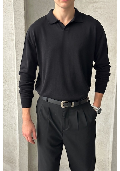 Erkek Pamuklu Polo Yaka Oversize Triko Kazak Siyah