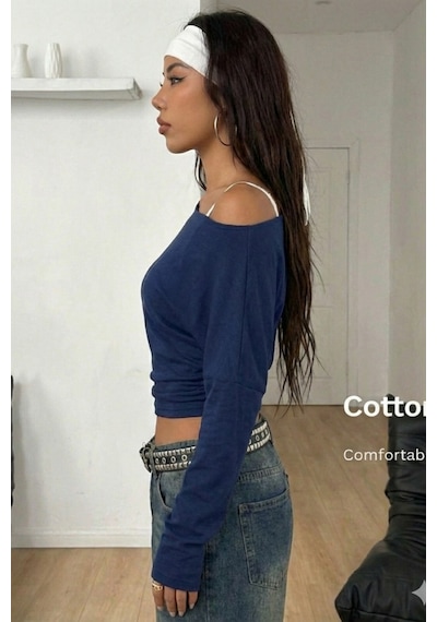 Kadın Lacivert Kruvaze Yaka Uzun Kollu Crop Bluz Lacivert