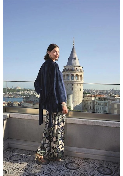 Ang Butik Kadın Yaprak Desenli Ve Dantelli 3'lü Pijama Takımı Lacivert