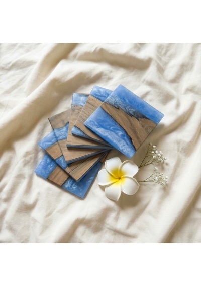 Ceviz & Turkuaz River Epoksi Bardak Altlığı Seti 6 Lı, El Yapımı Ceviz Ahşap, 12x12 Cm, Modern & Şık Tasarım Turkuaz
