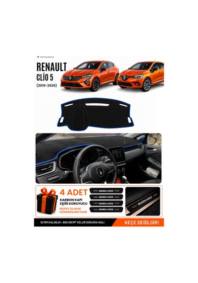 Renault Clıo 5 2019-2026 Uyumlu Torpido Örtüsü, Torpido Kılıfı - Siyah Mavi
