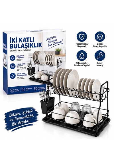 Siyah - Metal 2 Katlı Tabaklık - Bulaşıklık 5492 Çr