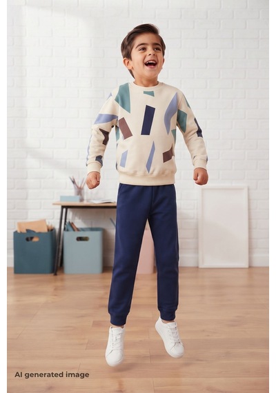 Pina Kids Erkek Çocuk Geometrik Desenli Okul Günlük Eşofman Takımı Esf7038 Lacivert