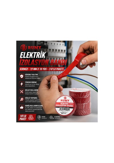 Elektrik İzolasyon Bandı Kırmızı - 19 Mm X 10 Yds - 10 Lu Paket