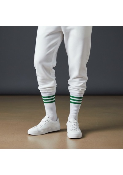 Plus Scorpion Beyaz Çizgili Tenis Çorabı Unisex Pamuklu, Uzun Spor Çorabı Beyaz