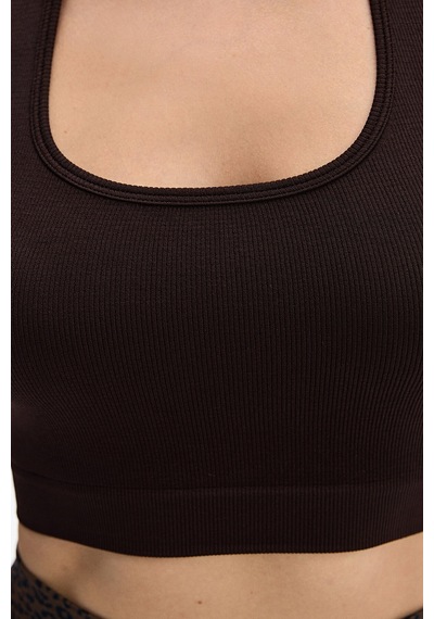 Subtone Boyundan Geçmeli Ribli Crop Top Koyu Kahve Kahverengi