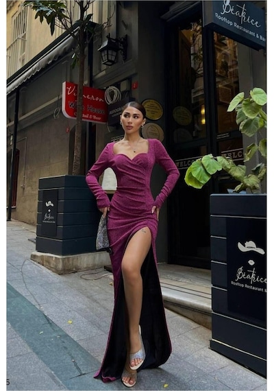 DefyModa Kadın Kalp Yaka Yırtmaçlı Uzun Kollu Abiye Elbise Gülkurusu