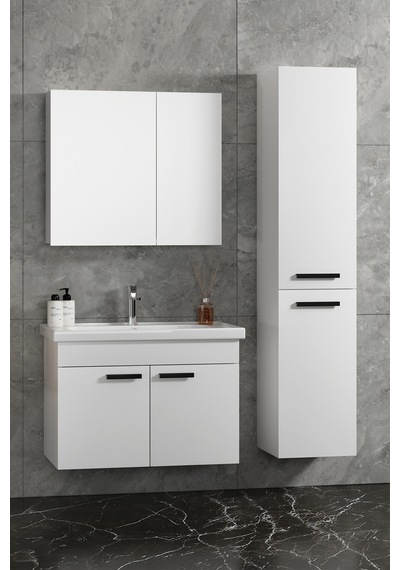 Çiğdem Kulplu 80 - 35 CM Beyaz Mdf Seramik Lavabolu Asma Banyo Dolabı Takımı