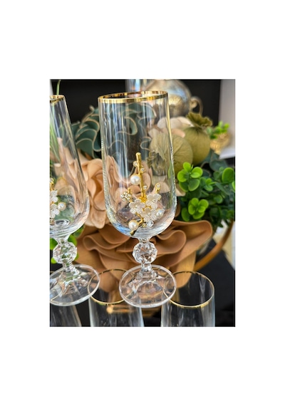 6 Adet Bohemia Kristal Gold Yaldızlı İnci Broşlu Kahve Yanı Su Bardağı Kadeh Altın