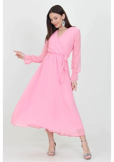 Neşeli Butik Kadın Kuşaklı Pudra Uzun Şifon Elbise Kts003 Pudra
