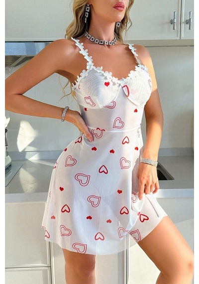 Bella Notte Romantik Kırmızı Kalp Baskılı Dantel Şeritli Gecelik