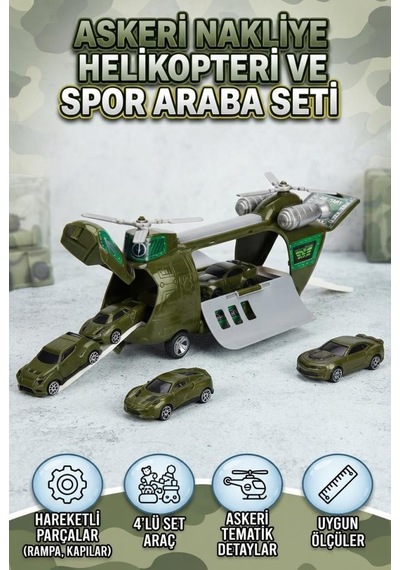 Askeri Nakliye Helikopteri Ve Spor Araba Seti 4'lü Araç Hediyeli Hareketli Rampalı Oyuncak Seti