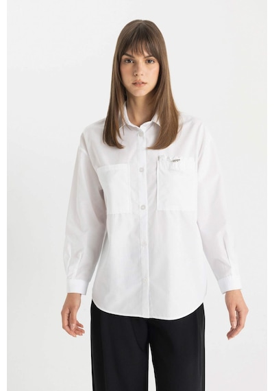 Defacto Relax Fit Poplin Uzun Kollu Gömlek Tunik C7825AX24SMWT36 Beyaz