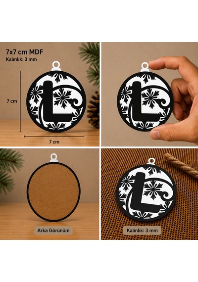 L Harf Yılbaşı Süsü Mdf Çam Ağacı Desenli Asılabilir Dekor 7x7 Cm