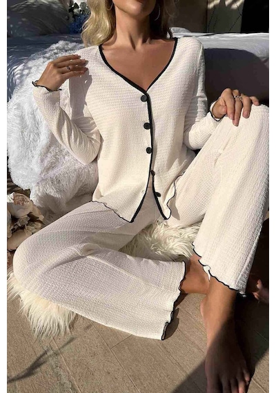 Merry See Özel Örme Kumaş Düğmeli Uzun Kollu Pijama Takımı Beyaz