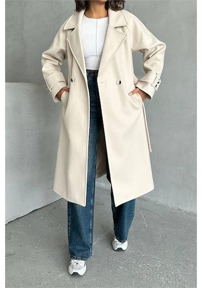 Dip Moda Kadın Astarlı Bej İthal Kaşe Kaban Dpnbg048 Bej