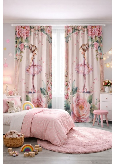 Kız Çocuk Odası Çift Kanatlı Fon Perde Balerin Kız Ve Çiçek Desenli