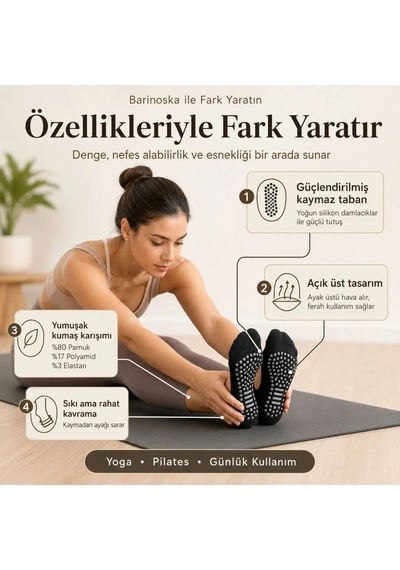 Genel Kadın Siyah Kaymaz Yoga Pilates Çorabı 6'lı Silikon Taban, Bilek Bantlı, Siyah / 36-40 / 6 Adet