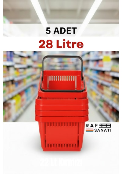 5 Adet 28 Litre Plastik Market Alışveriş Sepeti Saplı Dayanıklı Market Mağaza El Sepeti Kırmızı