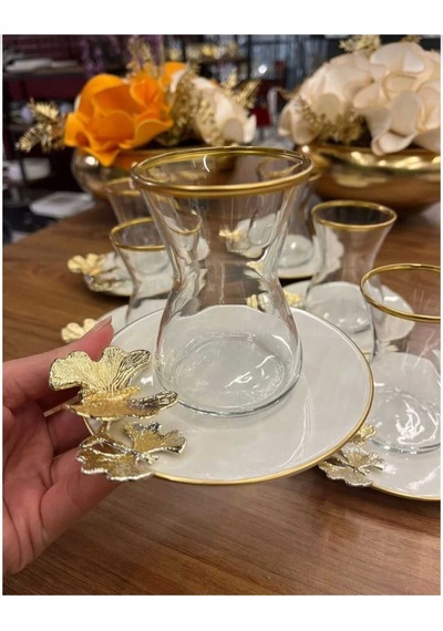 Çnr Home Collection 6' Lı Porselen Tabakli Paşabahçe Bardakli Kelebek Detayli Çay Seti Gold
