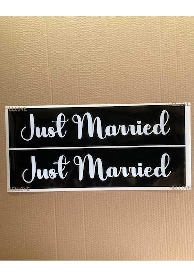 Gelin Arabası Plakalık Just Married Yazılı Siyah Üzeri Beyaz Yazı Kendinden Yapışkanlı