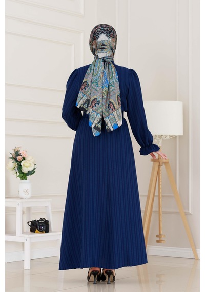 Sevitli Kolu Volanlı Kemerli Henna Elbise-lacivert-5056 Lacivert