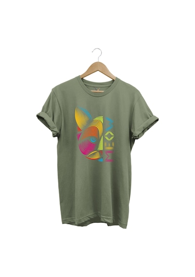 Meow Renkli Geometrik Kedi Baskılı %100 Pamuk Unisex Regular Fit T-shirt Haki