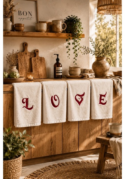 Love Nakışlı 4'lü Mutfak Ve El&yüz Havlu Seti 30x50 Cm Çok Renkli