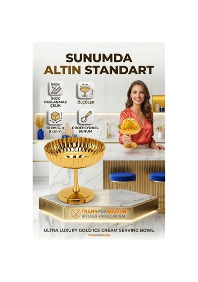 Zenvac 2'li Profesyonel İnox Gold Paslanmaz Çelik Ayaklı Dondurma Ve Tatlı Sunum Kasesi Seti 723150 Zenvac29 Renkli