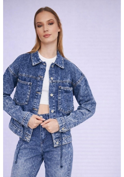 Özel Koleksiyon Bağlama Detaylı Denim Ceket Ag-3006 Koyu Mavi