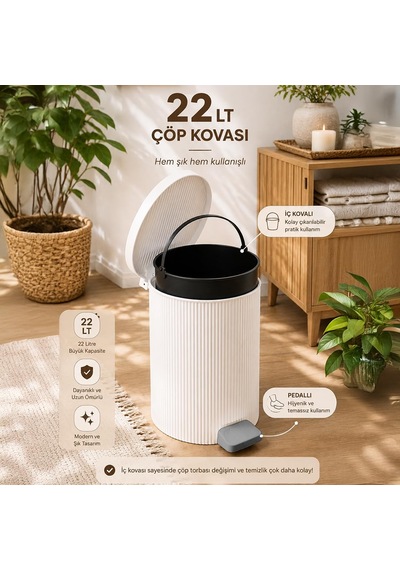0707-1 Still 22 Litre Pedallı İç Kovalı Çöp Kovası Beyaz Yuvarlak Mutfak Ve Banyo Çöp Kovası Diğer