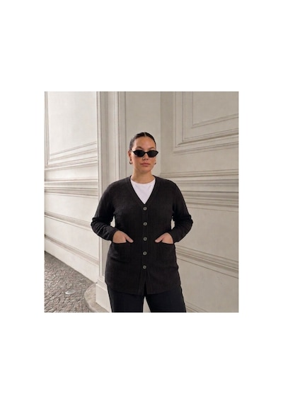 Onno Style Women Jakarlı Kendinden Desenli Çelik Örgü Triko Kadın Ceket Siyah
