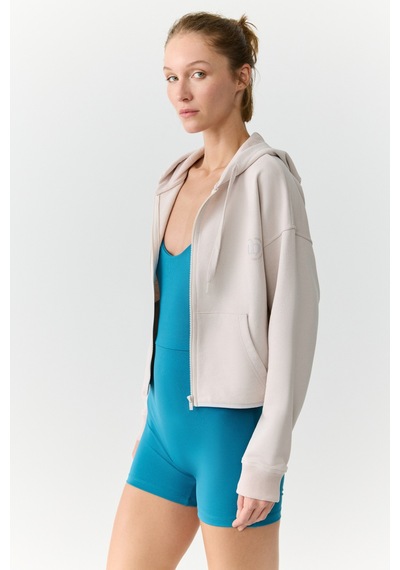 Urban Beat Charısma Kadın Kapüşonlu Relaxed Fermuarlı Baskı Detaylı Taş Rengi Sweatshirt Taş Rengi