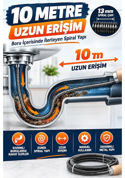 13 Mm 10 Metre Kanal Açıcı Spiral Ahşap Saplı Manuel Gider Açma Teli, Lavabo Ve Boru Temizleme S