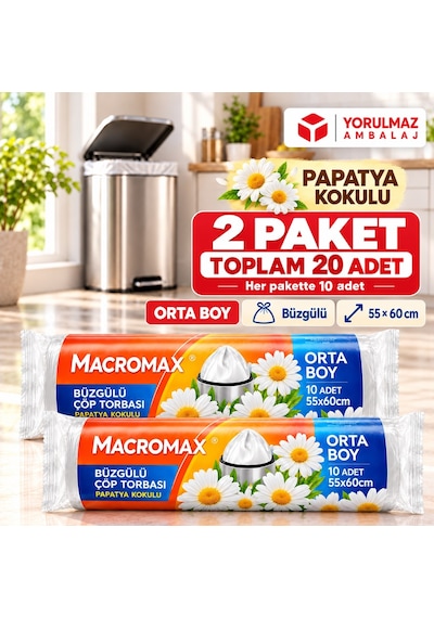 Macromax Papatya Kokulu Büzgülü Çöp Torbası Orta Boy 55x60 Cm 2 Paket Toplam 20 Adet Macromax Papatya Kokulu Büzgülü Çöp Torbası Orta Boy 55x60 Cm 2 Paket Toplam 20 Adet