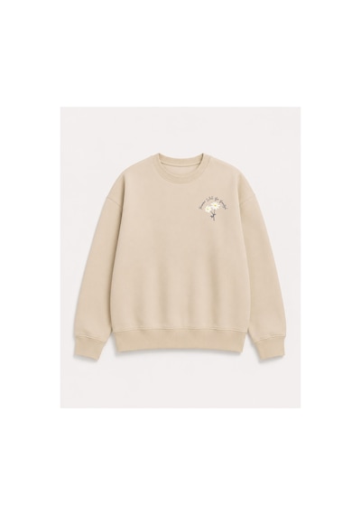 Herkesemoda Papatya Baskı Detaylı Bisiklet Yaka Şardonlu 2 İplik Sweatshirt Bej