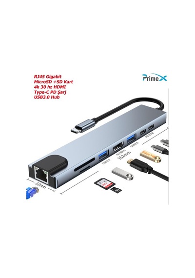 Primex Px-U520 4K@30Hz Gri Metal Type-C To 4K Hdmı+Usb 3.0+Rj45+S Primex Px-U520 4K@30Hz Gri Metal Type-C To 4K Hdmı+Usb 3.0+Rj45+S