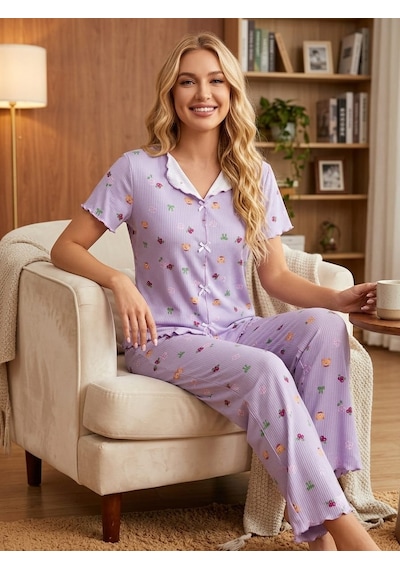 Kadın Kısa Kollu Yumuşak Tuşe Yazlık Likralı Kaşkorse Kumaş Pijama Takım Lila
