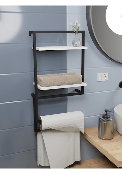 Linea Raflı Duvara Monte Havluluk Siyah Metal Beyaz Raf Siyah
