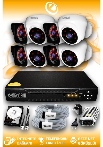 Elitcam 8 Kameralı Kare 4 İç Kamera Set 100 GB HDD Full HD Gece Görüşlü Güvenlik Kamerası Sistemi