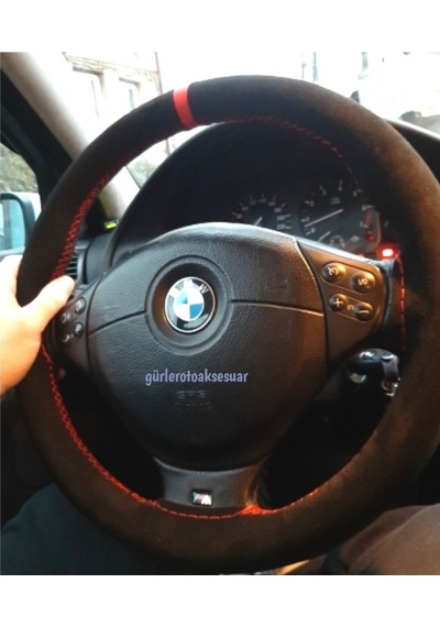 Bmw Serisi Dikmeli Direksiyon Kılıfı Kırmızı Yüzüklü Alkantara