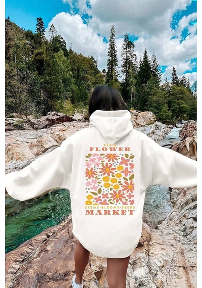 Flower Baskılı Oversize Sweatshirt Beyaz