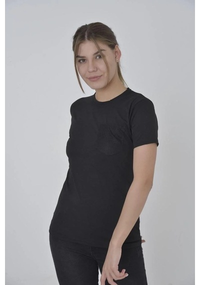 Kadın File Cepli T-shirt Kısa Kol Bisiklet Yaka Slimfit Tişört - Siyah Siyah