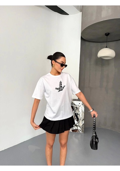 Tanla Butik Kısa Kol Baskılı T-shirt - Beyaz Beyaz