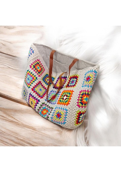 Embahandmde Renkli El Örgüsü Xl Plaj Çantası Astarlı Büyük Boho Tote Bag Yazlık Kadın Omuz Çantası Açık Bej